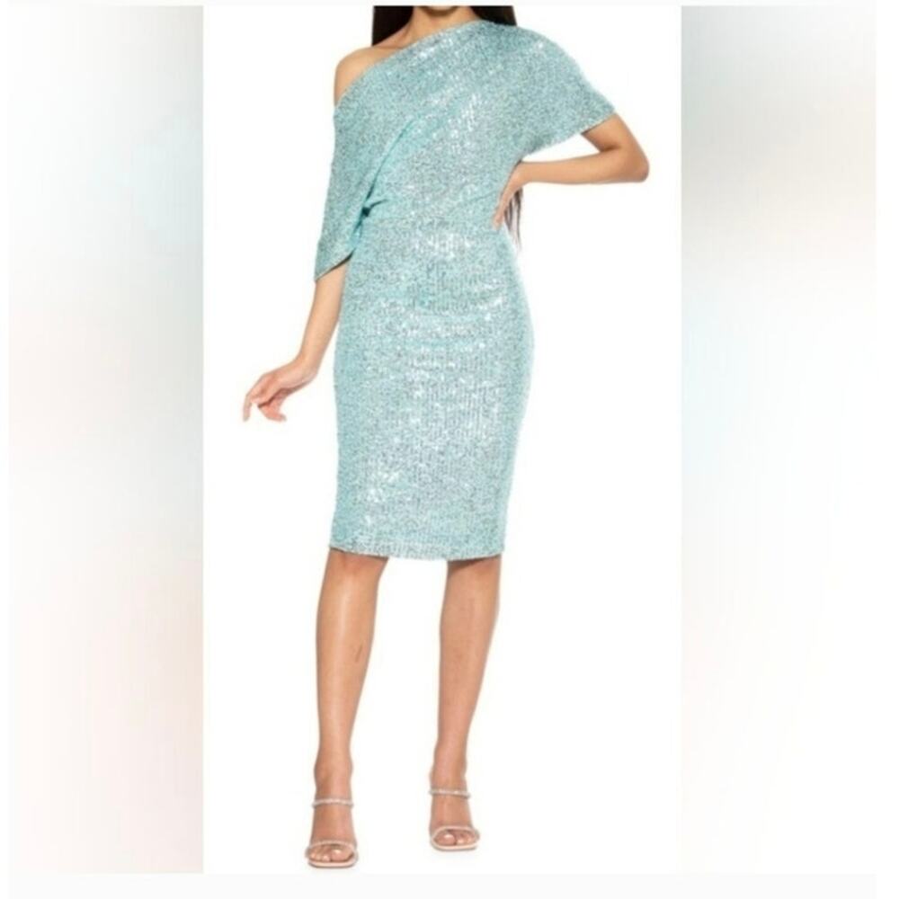 New Alexia Admor Olivia aqua sequined draped front party cocktail dress small
